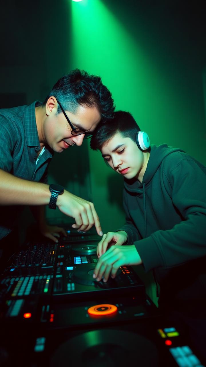 A professional DJ coaching a teenage DJ at a club mixer